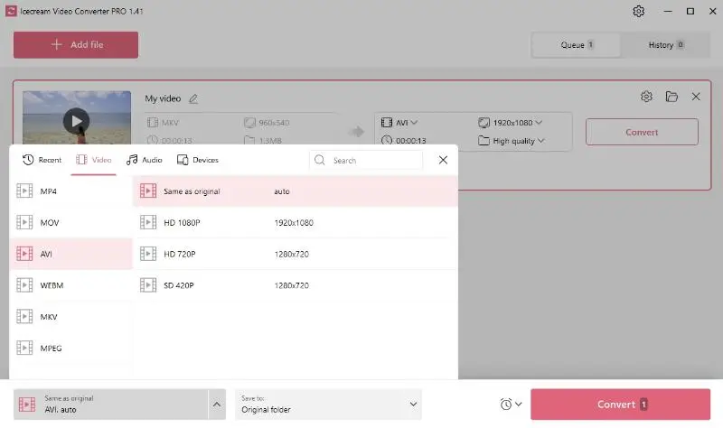 Convert MKV to AVI Step 2